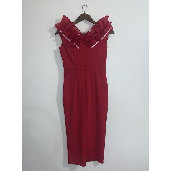 LAN Red Off Shoulder Ruffled Sleeveless Midi Slit Cocktail Evening Party Dress - Picture 2 of 10